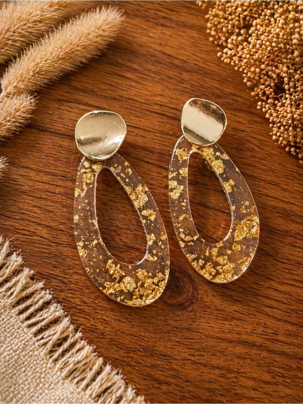 Gold Flake Teardrop Statement Earrings - Women Jewelry